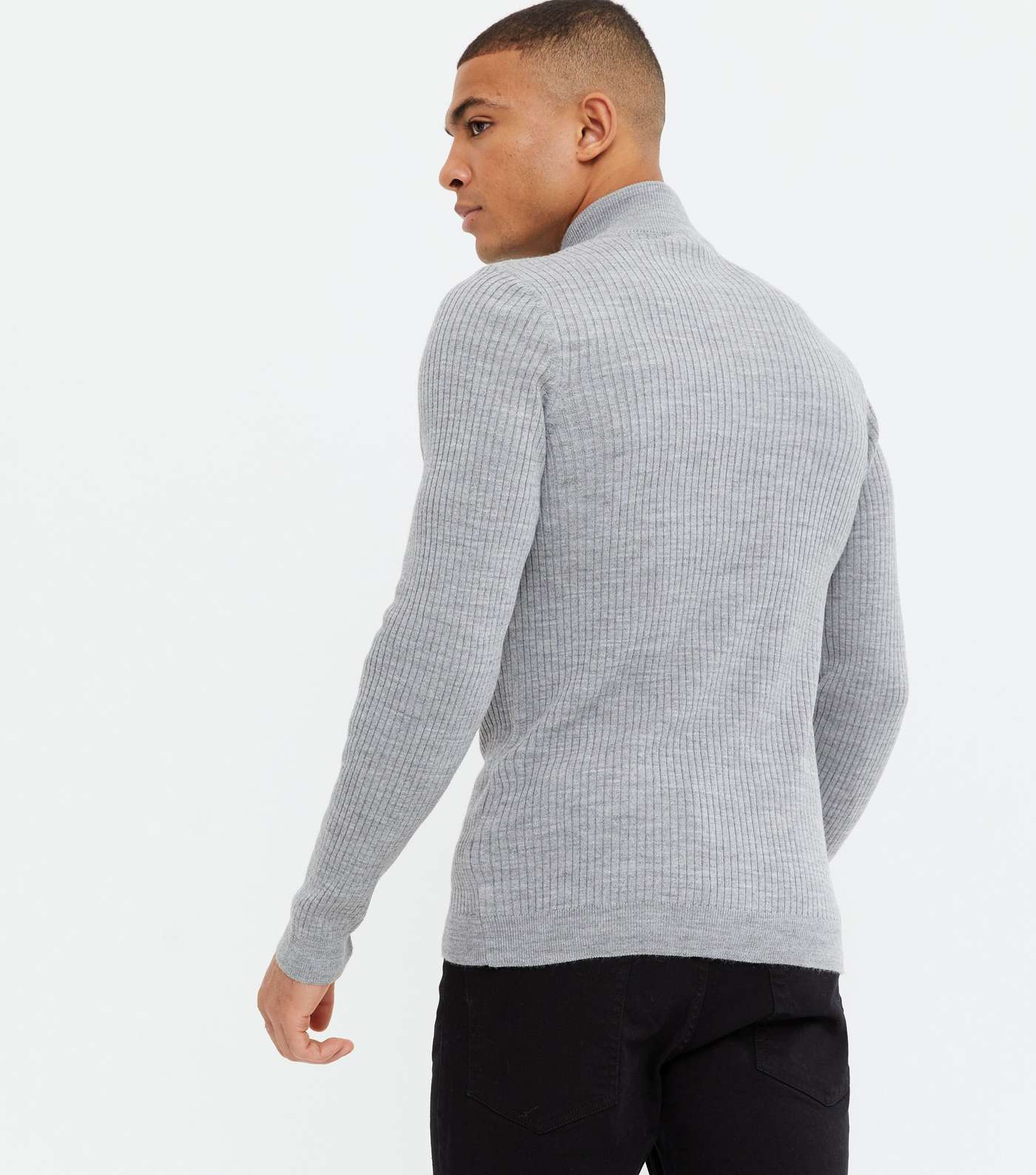 Pale Grey Ribbed Fine Knit Muscle Fit Jumper Image 4