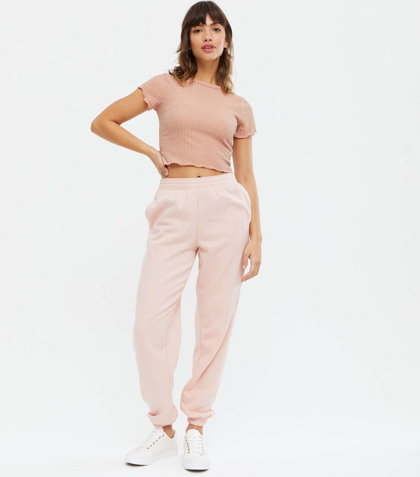 Pale Pink Textured Ribbed Crop T-Shirt  Image 2