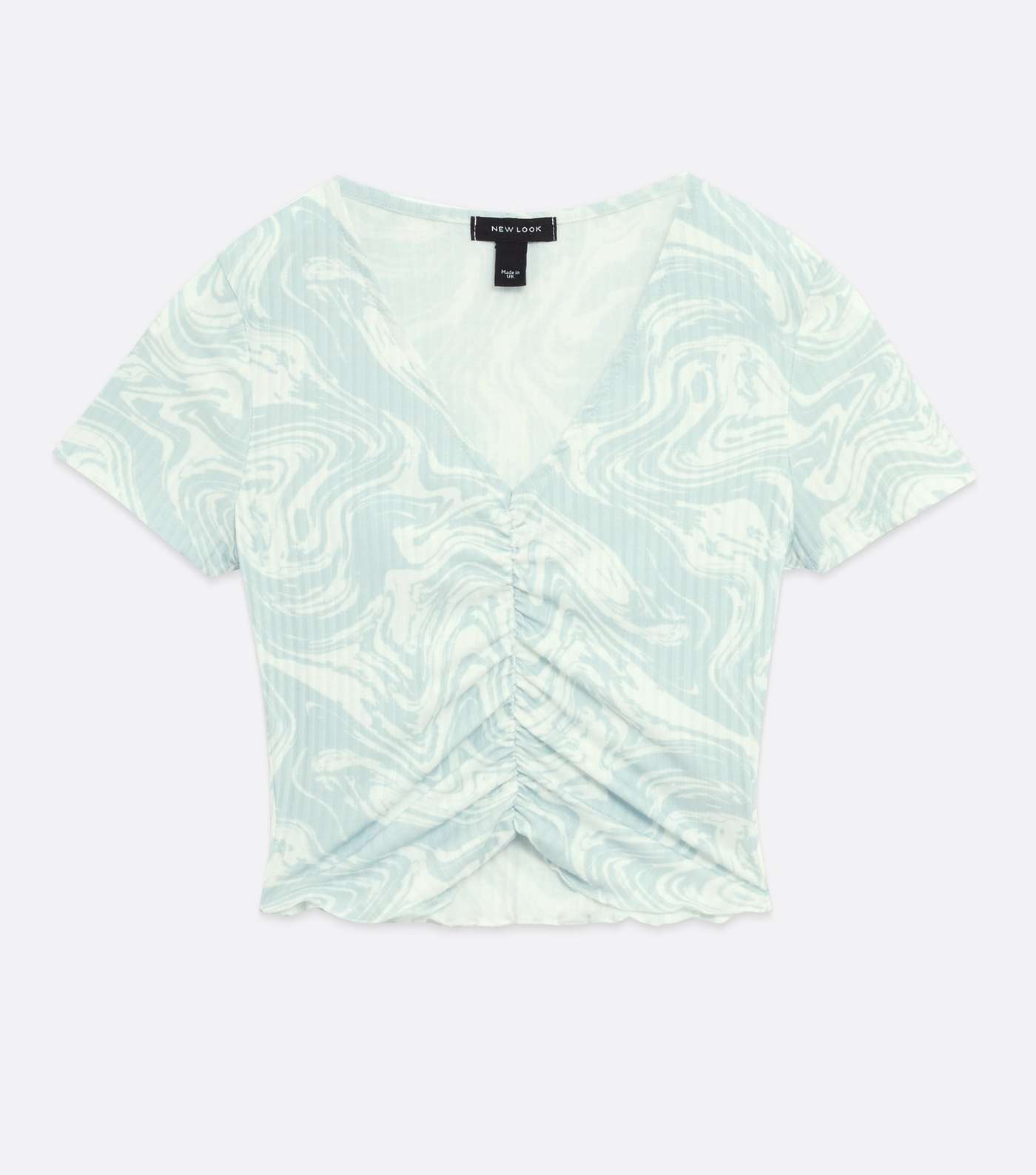 Blue Marble Ribbed Ruched Crop T-Shirt  Image 5