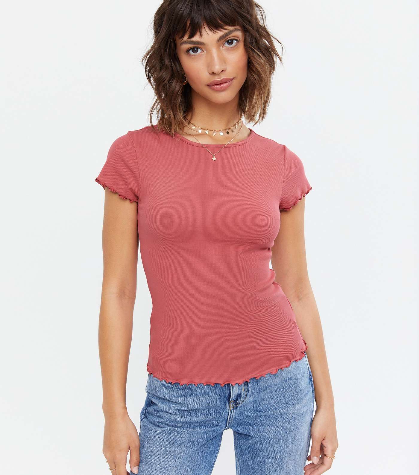 Deep Pink Ribbed Frill Short Sleeve T-Shirt Image 2