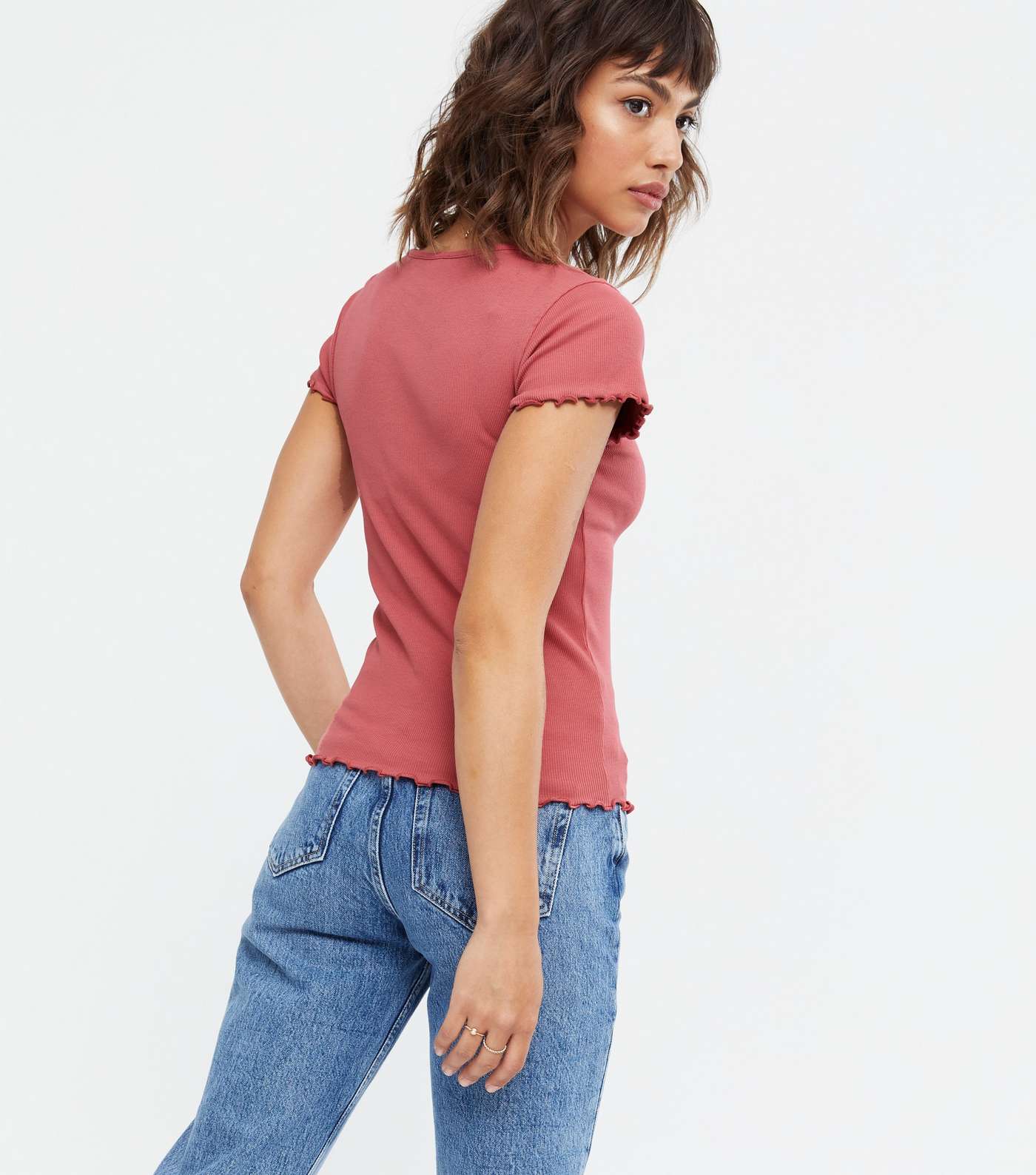 Deep Pink Ribbed Frill Short Sleeve T-Shirt Image 4