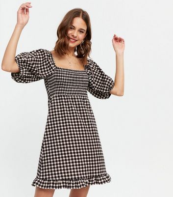 Black Gingham Crinkle Shirred Mini Dress