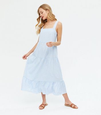 Blue Gingham Tiered Midi Dress New Look