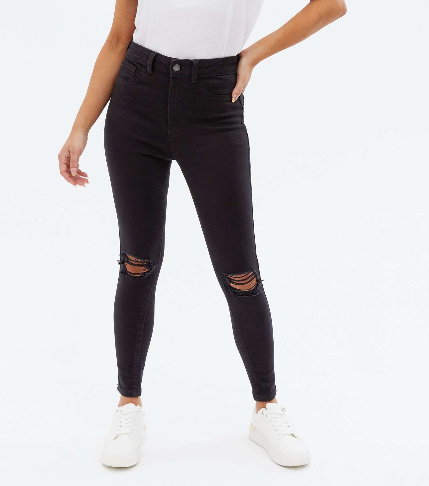 Petite Black Ripped High Waist Hallie Super Skinny Jeans Image 2