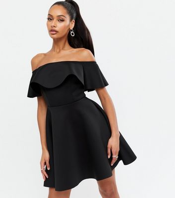 black bardot ruffle dress