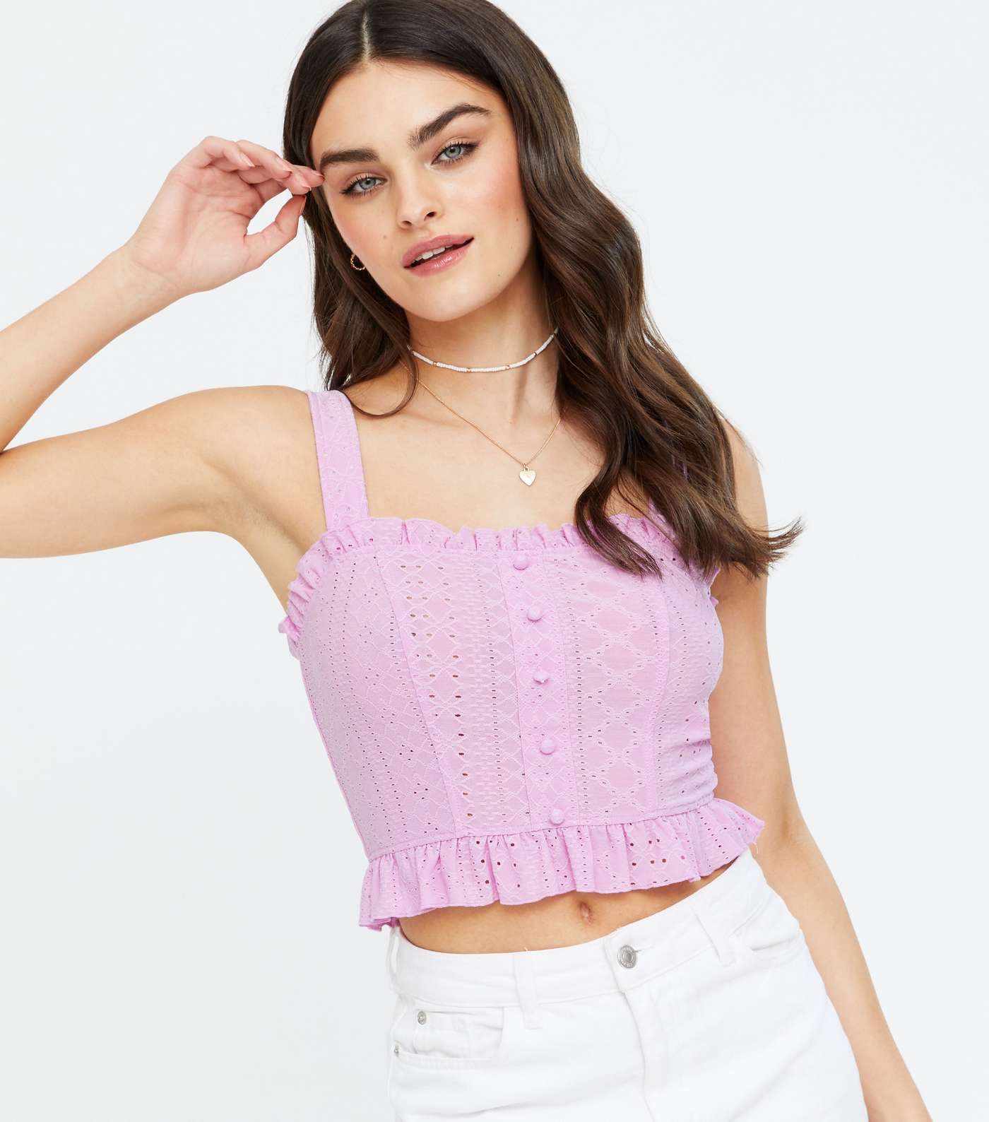 Lilac Broderie Button Front Frill Crop Cami