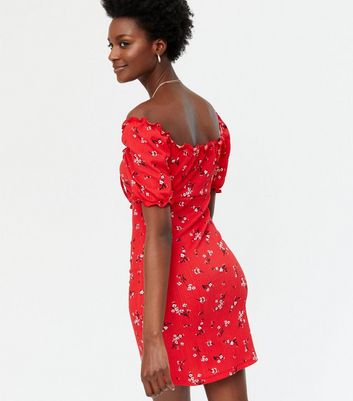 Red floral hot sale bardot dress