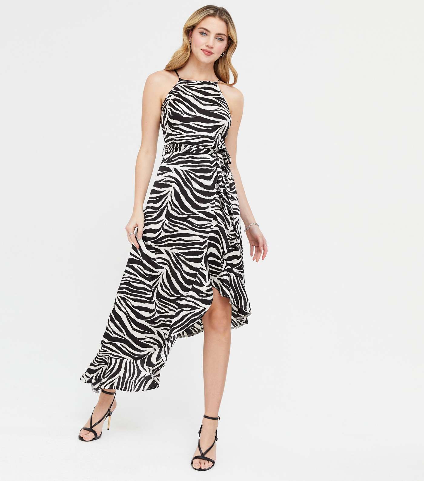 Black Zebra Square Neck Asymmetric Ruffle Midi Dress