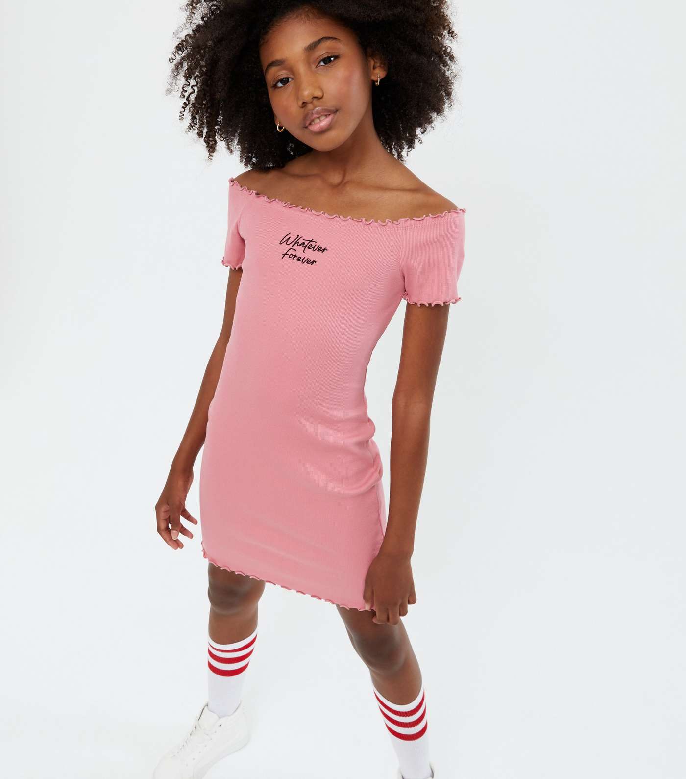 Girls Pink Ribbed Jersey Logo Bardot Dress