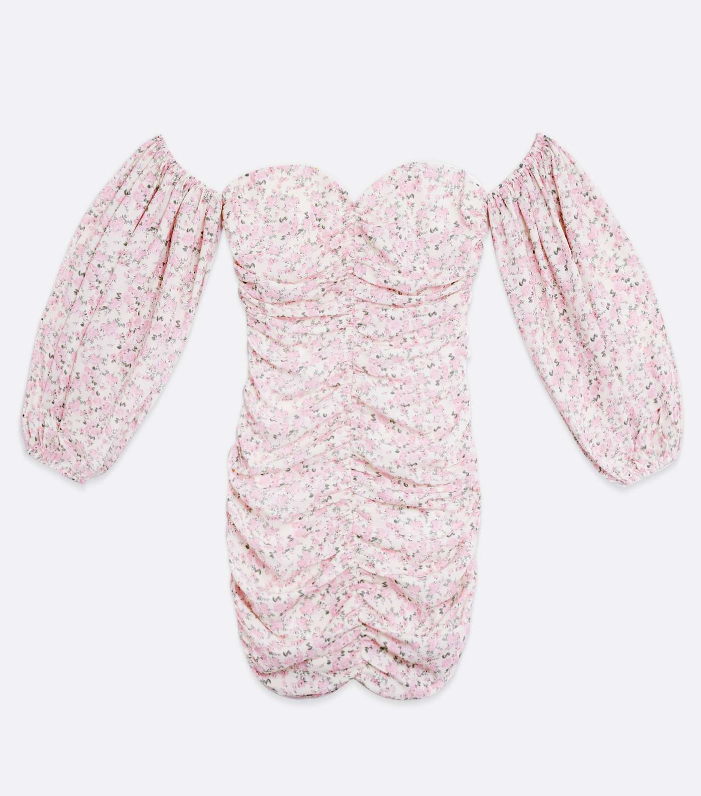 Pink Ditsy Floral Ruched Puff Sleeve Mini Dress Image 5