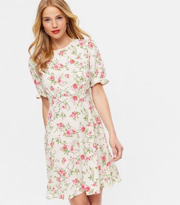 White Floral Open Back Puff Sleeve Mini Dress | New Look