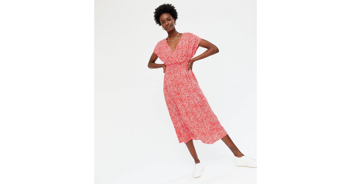 Red Animal Print Shirred Wrap Midi Dress New Look