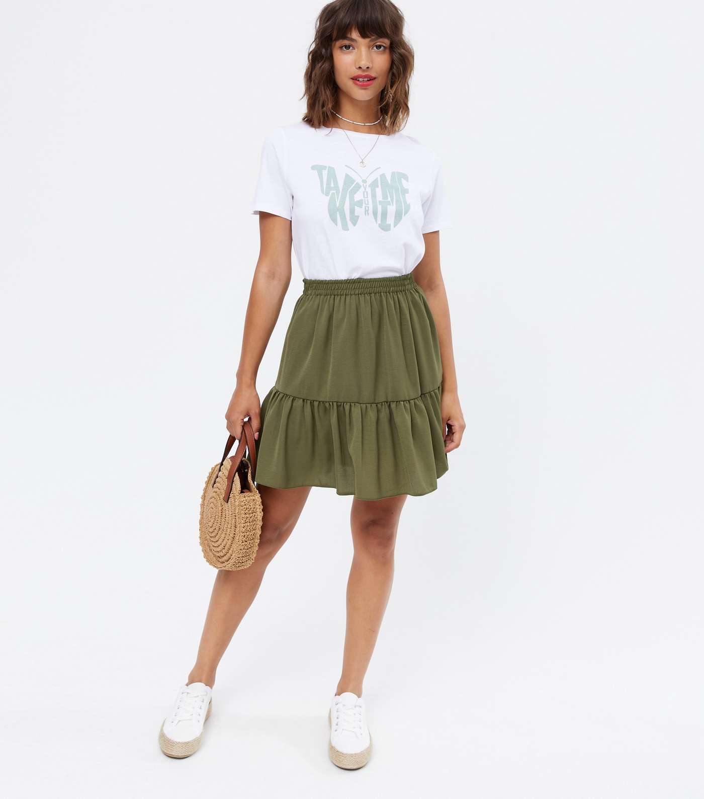 Olive Herringbone Tiered Mini Skirt 