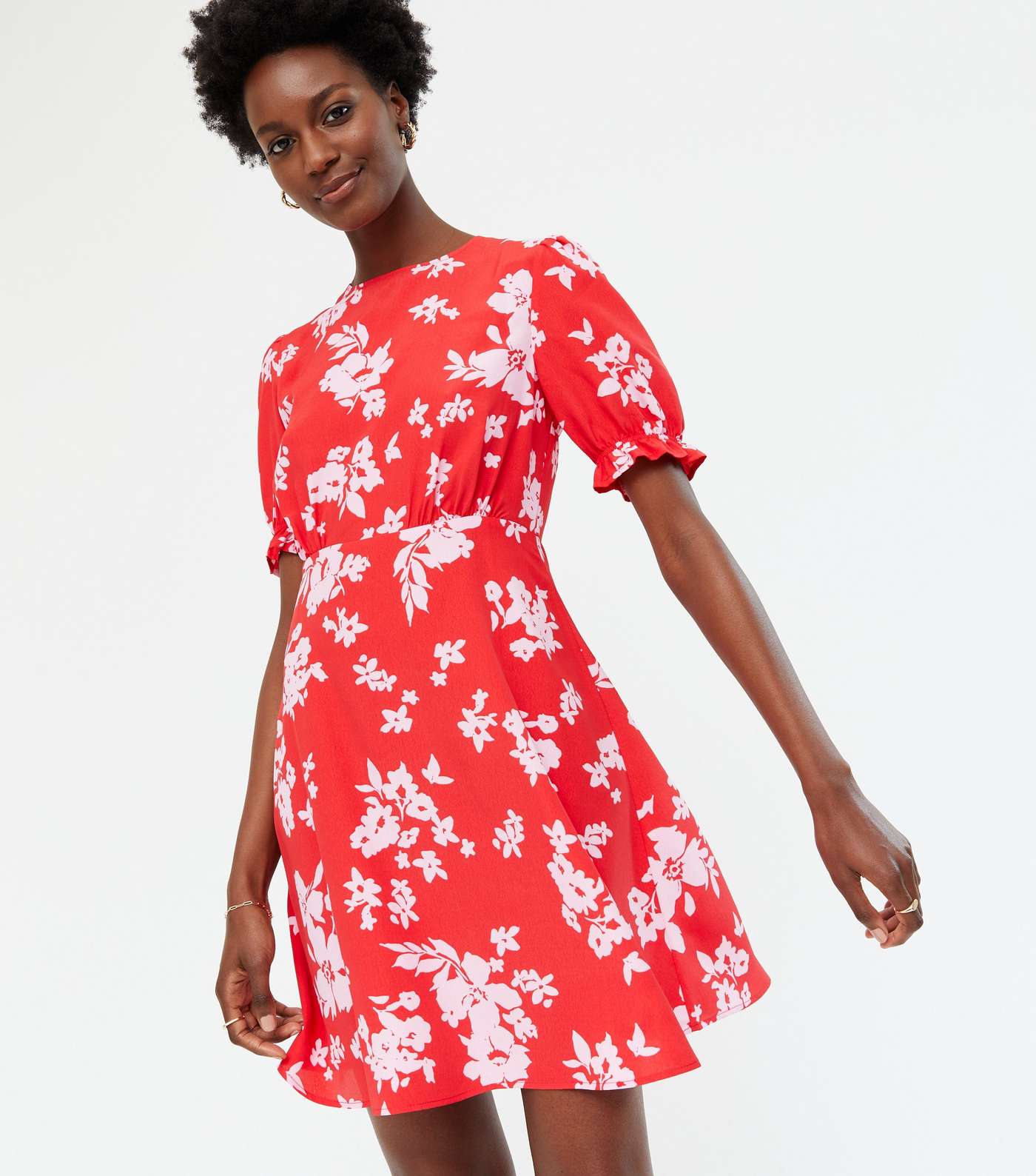 Red Floral Puff Sleeve Open Back Mini Dress