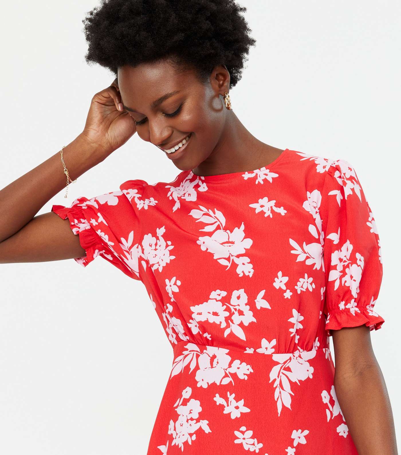 Red Floral Puff Sleeve Open Back Mini Dress Image 3