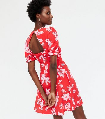 Red Floral Puff Sleeve Open Back Mini 