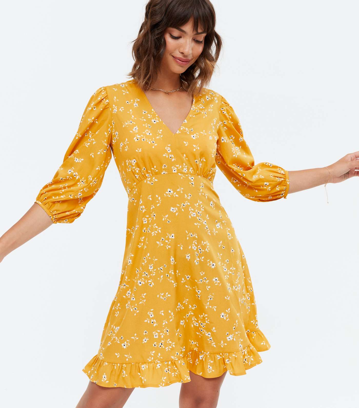 Yellow Floral Frill Mini Dress