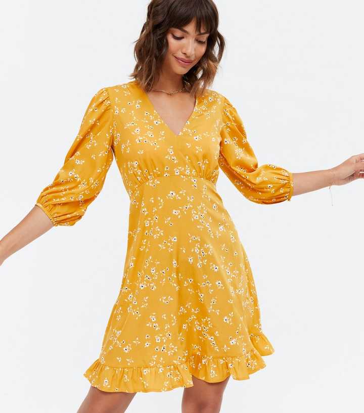 Yellow Floral Frill Mini Dress | New Look