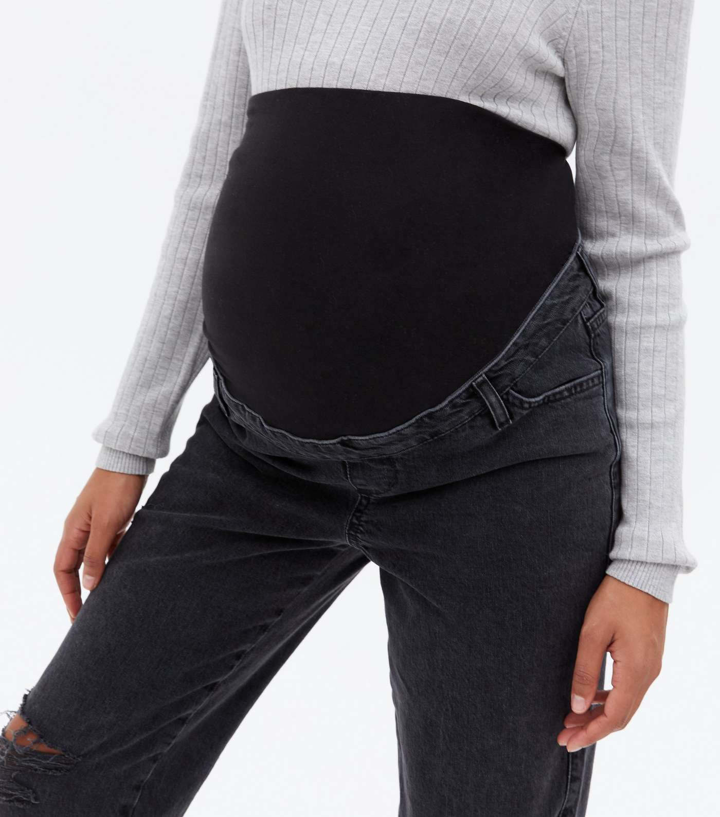 Maternity Black Ripped Roll Hem Hanya Boyfriend Jeans Image 3