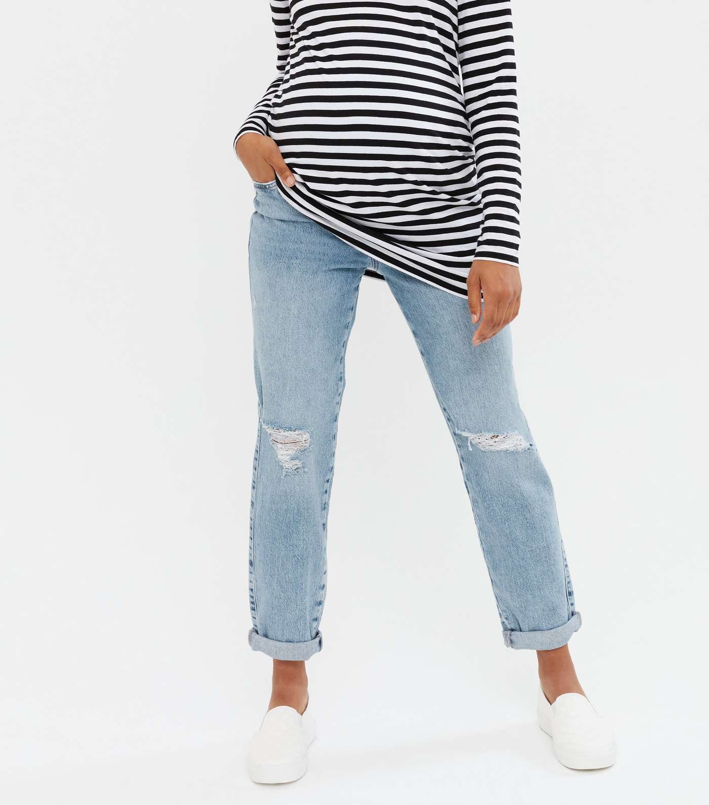 Maternity Blue Ripped Over Bump Crop Boyfriend Jeans Image 2