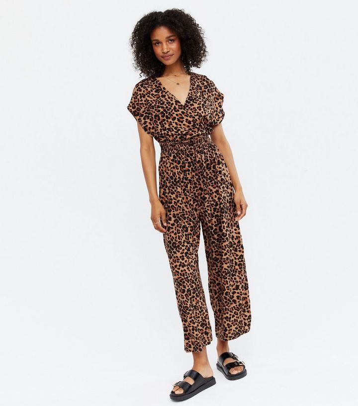Brown Leopard Print Shirred Waist Wrap Jumpsuit | New Look
