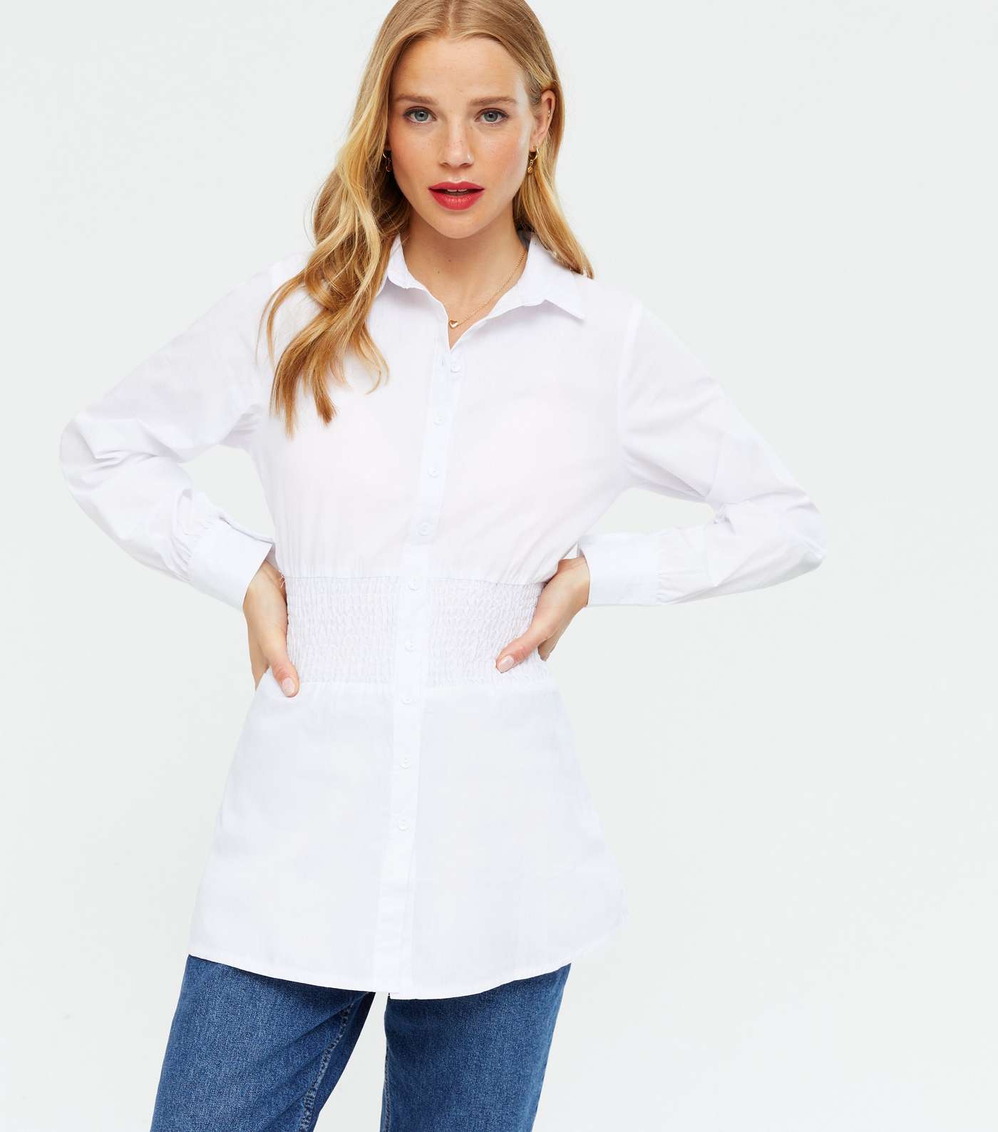 White Poplin Shirred Waist Long Shirt