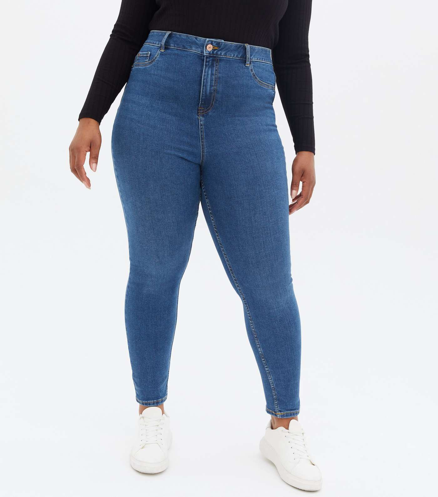 Curves Blue Mid Wash Lift & Shape Jenna Skinny Jeans Image 2