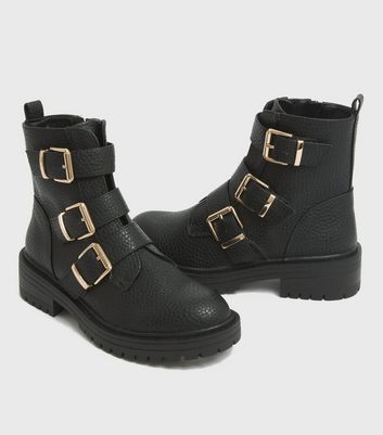 black triple buckle biker boots