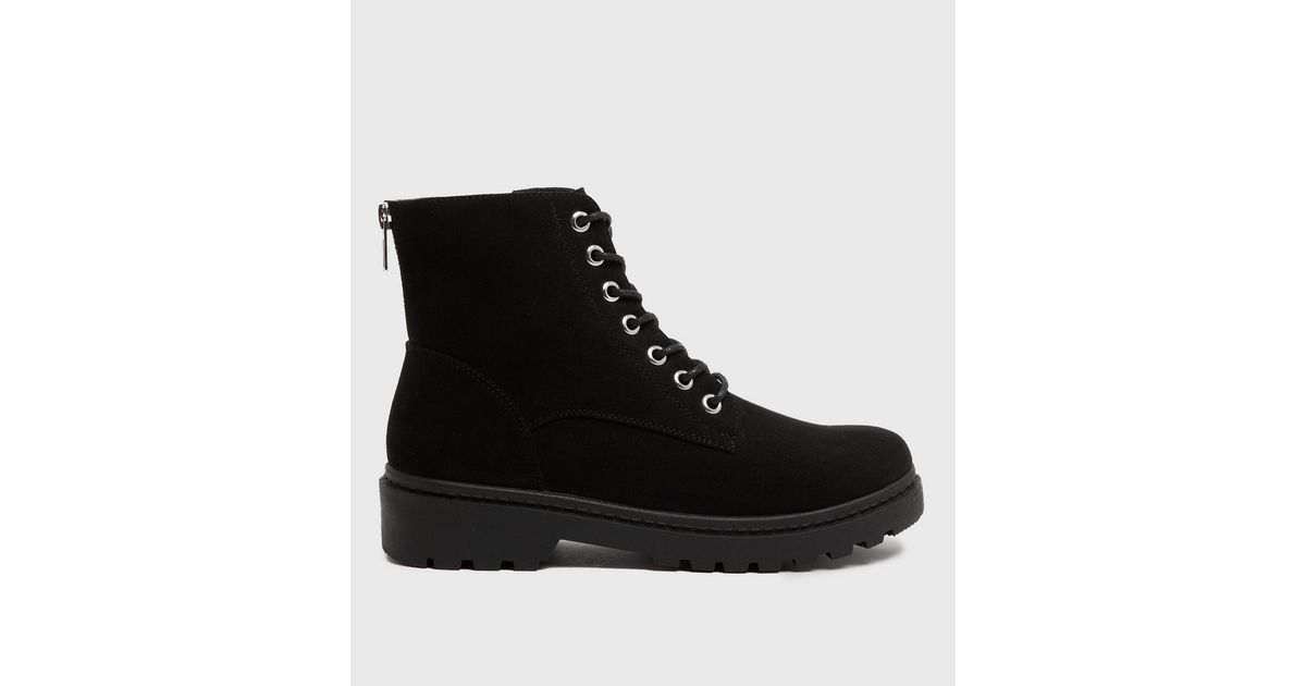black suedette teddy trim chunky lace up boots