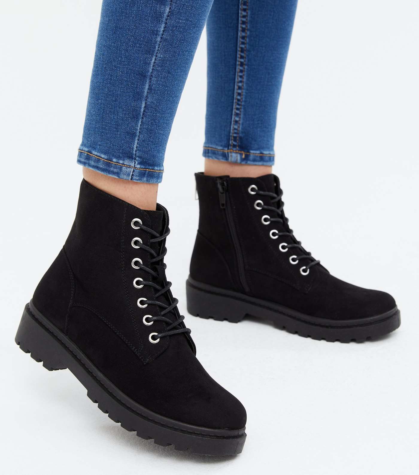 Black Suedette Lace Up Chunky Ankle Boots Image 2