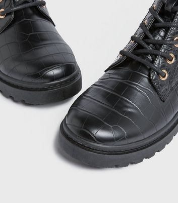 Black Faux Croc Zip Back Chunky Ankle 