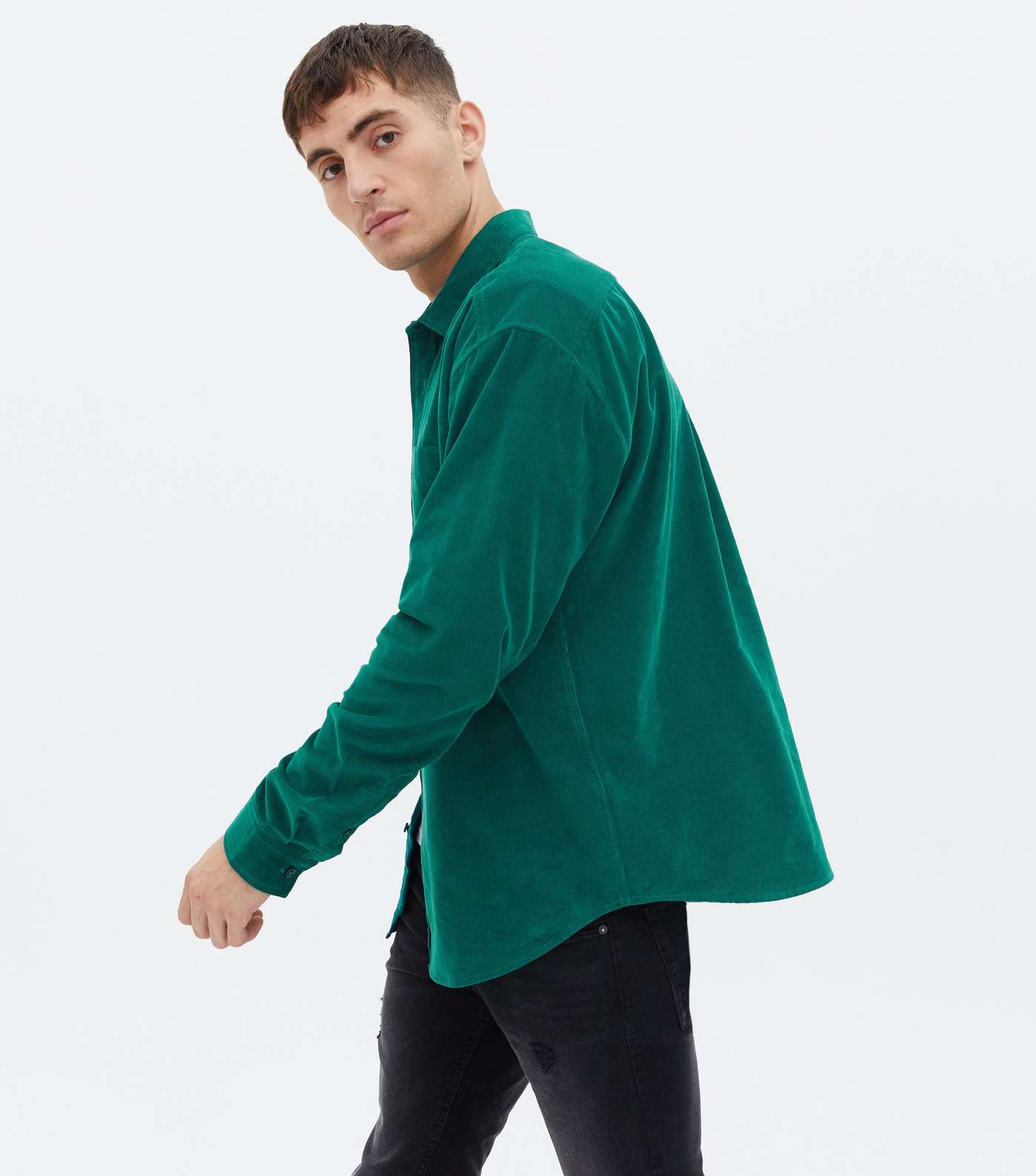 Dark Green Cord Long Sleeve Oversized Shirt Image 2