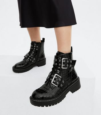shop for Black Faux Croc Buckle Chunky Biker Boots New Look Vegan at Shopo