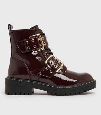 shop for Dark Red Faux Croc Buckle Chunky Biker Boots New Look Vegan at Shopo