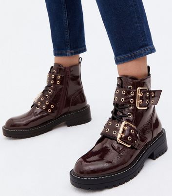 dark red patent faux croc chunky buckle boots