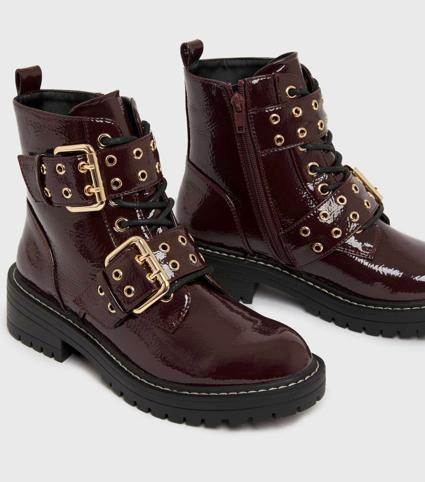 Dark Red Faux Croc Buckle Chunky Biker Boots Image 3