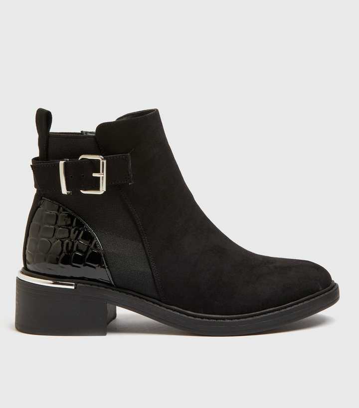 Black Suedette Buckle Faux Croc Panel Chelsea Boots