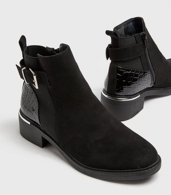 black suedette faux croc buckle chelsea boots