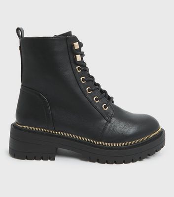 Black Leather-Look Zip Trim Lace Up Chunky Boots | New Look