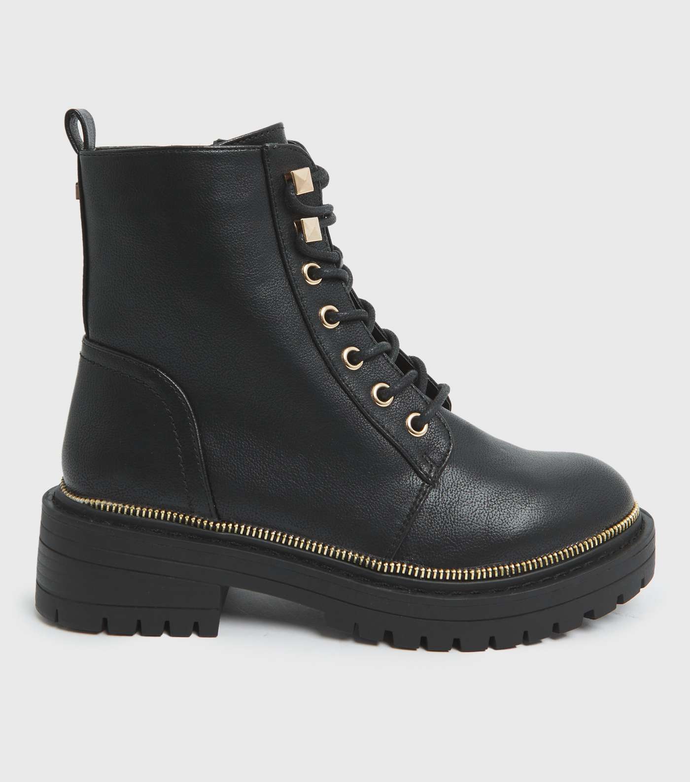 Black Leather-Look Zip Trim Lace Up Chunky Boots
