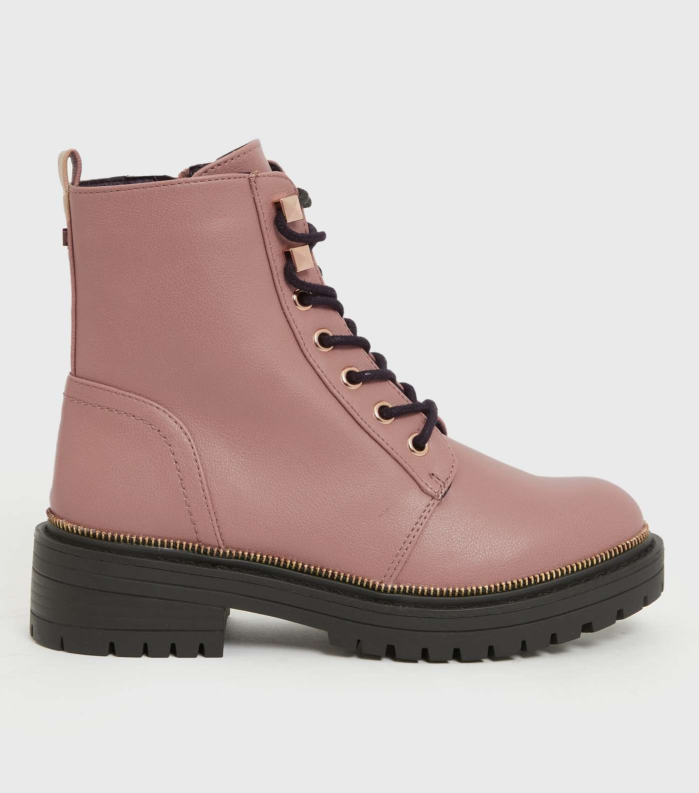 Pink Leather-Look Zip Trim Lace Up Chunky Boots