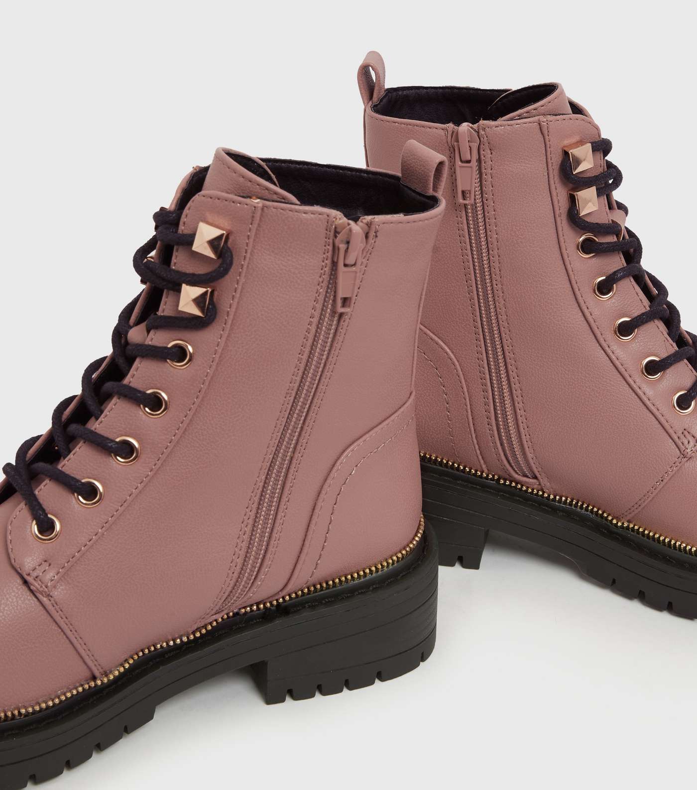 Pink Leather-Look Zip Trim Lace Up Chunky Boots Image 3