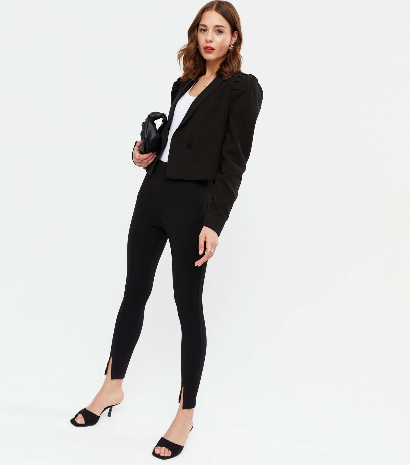 Black Puff Sleeve Double Breasted Crop Blazer Image 2