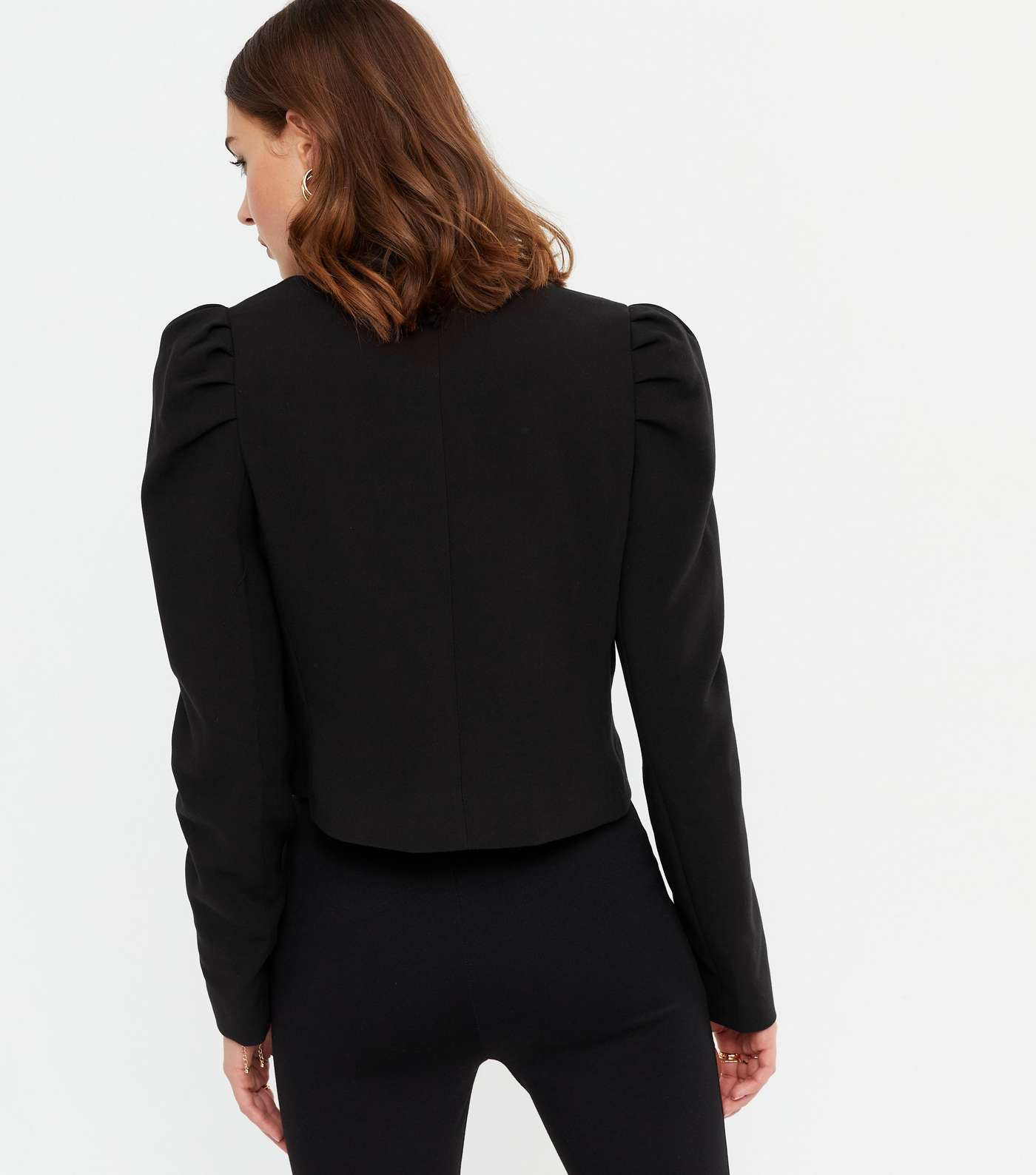 Black Puff Sleeve Double Breasted Crop Blazer Image 4