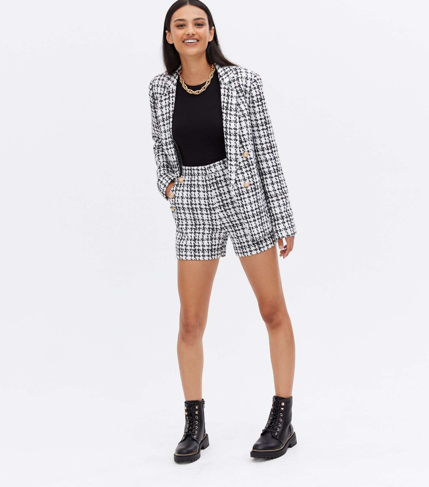 White Check Bouclé Double Breasted Collared Blazer Image 2
