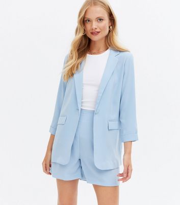 Pale Blue 3 4 Sleeve Lightweight Button Blazer New Look