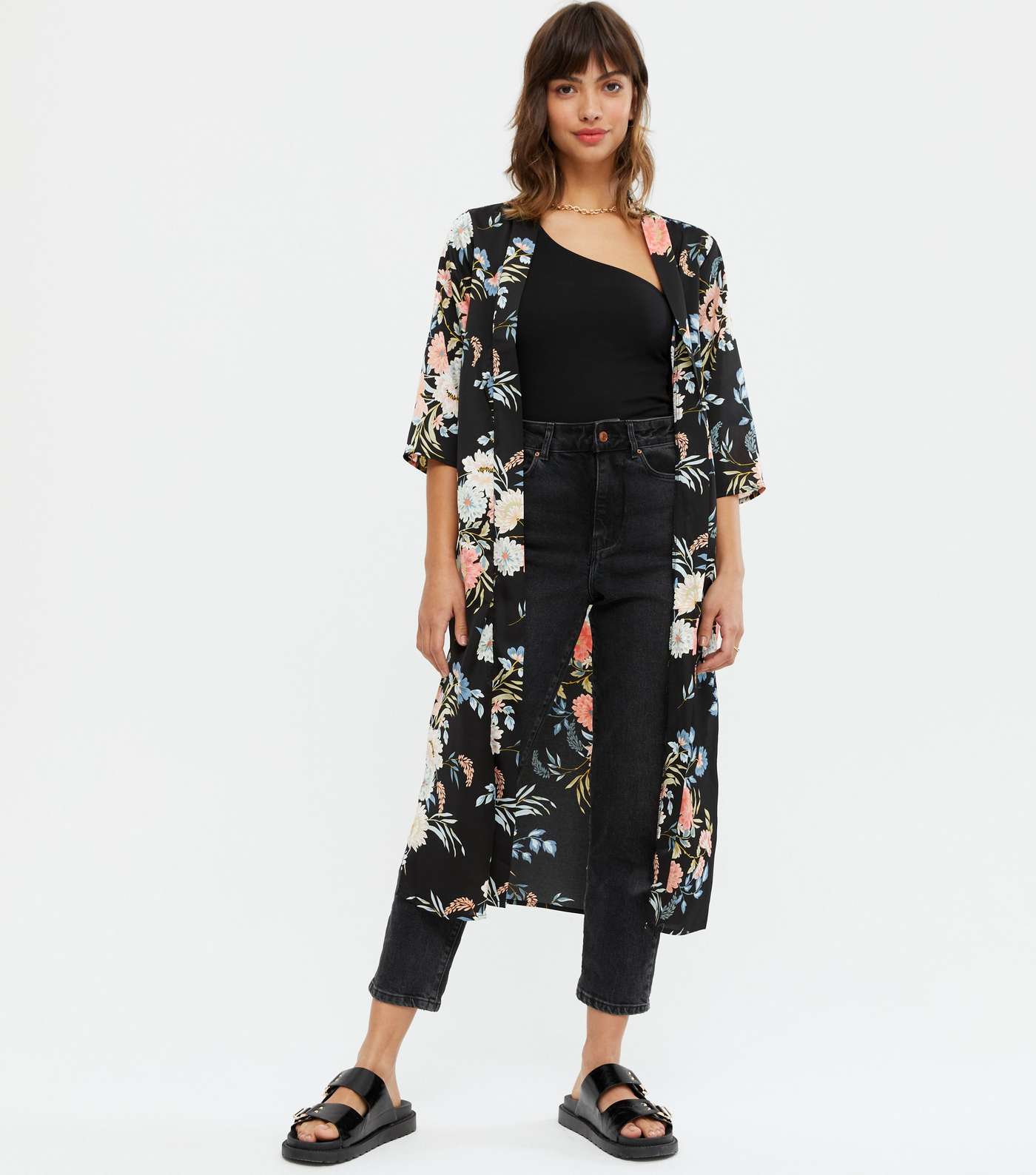 Yumi Black Floral Long Kimono