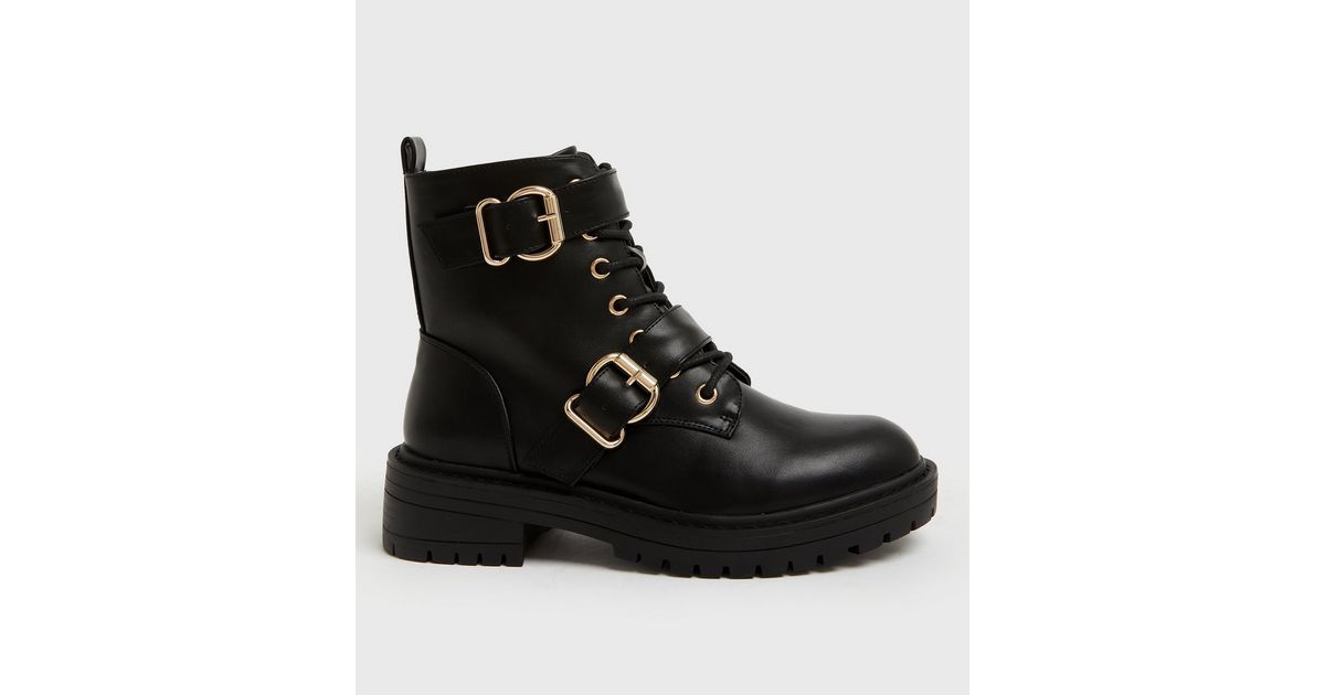 Black Buckle Lace Up Chunky Biker Boots