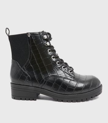 Click to view product details and reviews for Extra Wide Fit Black Faux Croc Lace Up Chunky Boots New Look Vegan.