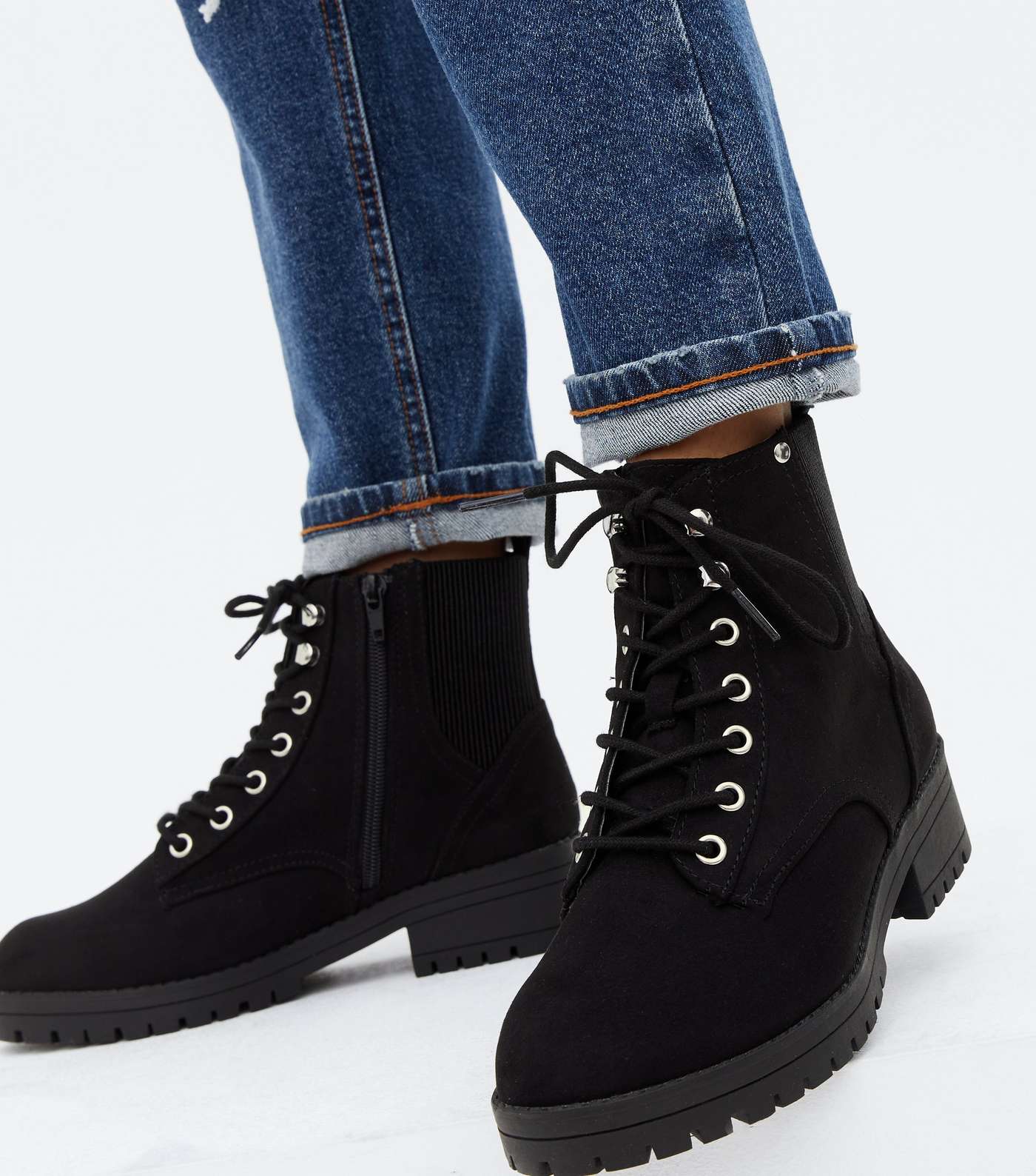 Wide Fit Black Suedette Chunky Boots Image 2